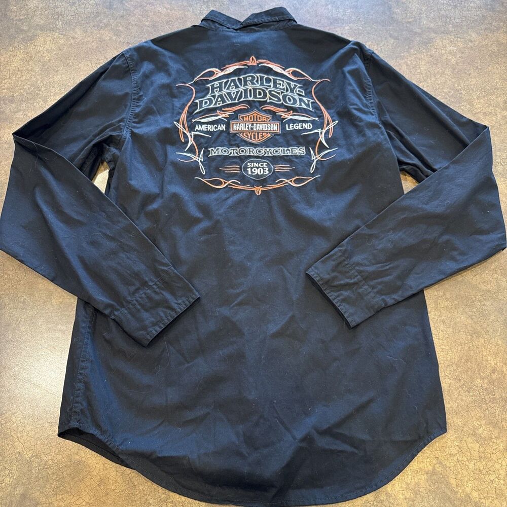 Harley Davidson Motorcycles Long Sleeve Button Shirt Med Tall Black Embrioidered